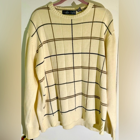 Oscar de la Renta Men's Cable Knit Plaid Cream Crewneck Sweater Size Large - Picture 1 of 9